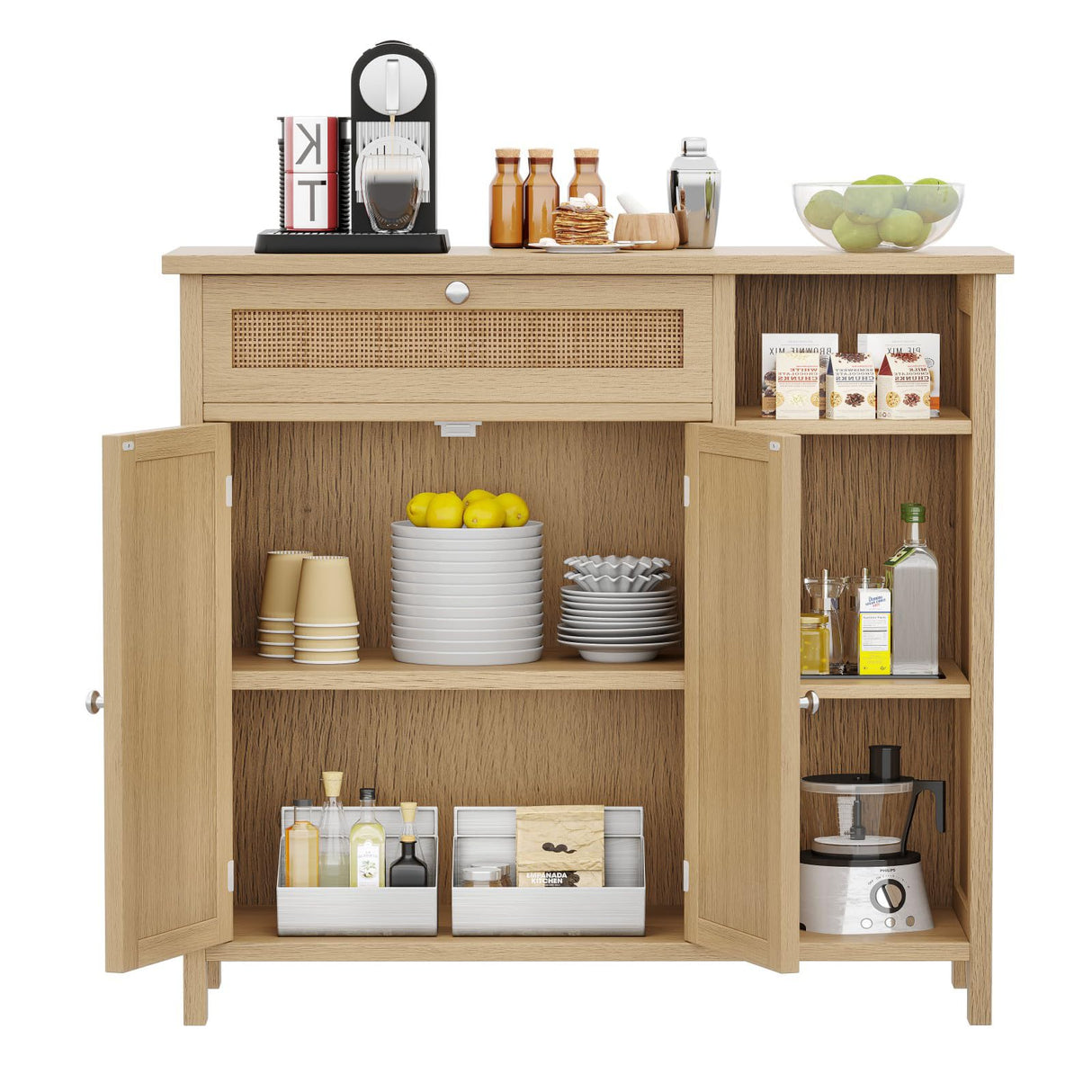 Bathroom Cabinet with Rattan Doors, Bathroom Floor Cabinet with Open Storage &