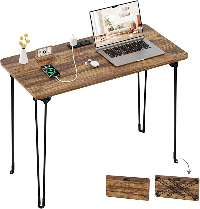 Folding Desk, 31.5" Hairpin Legs Small Desk with Power Strip for Bedroom