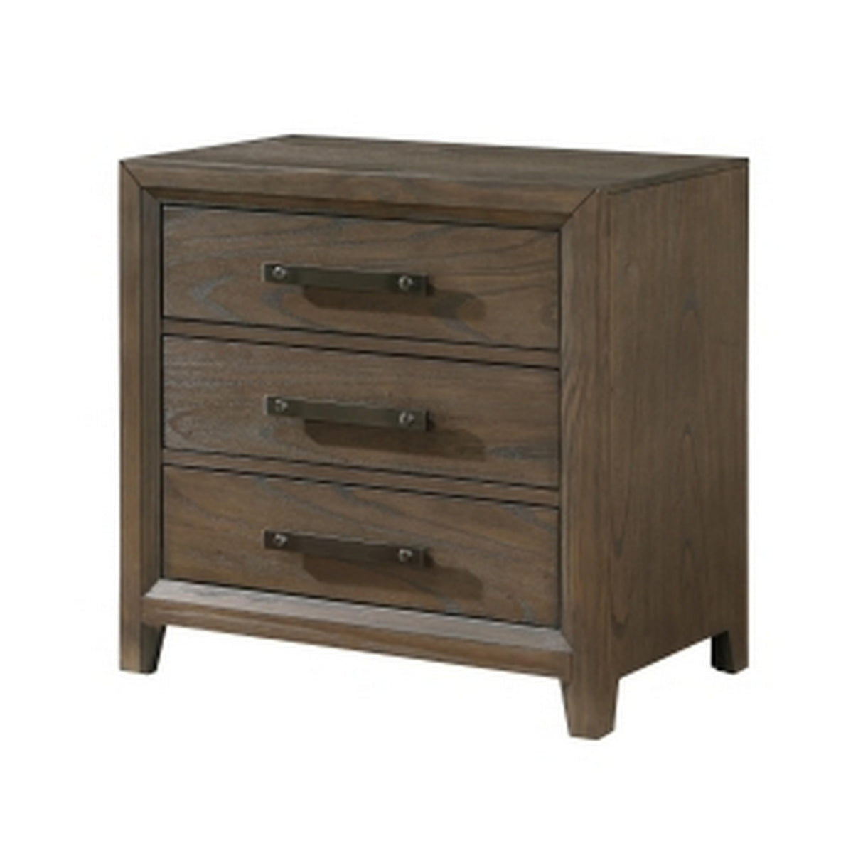 27 Inch Nightstand, 3 Drawers, Handles, Brushed Walnut, Brown, Black and Nickel