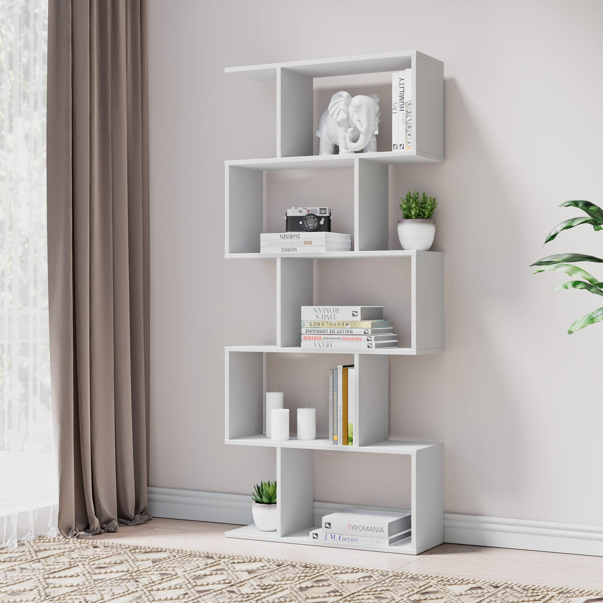 Set of 2 Geometric Bookcase, S-Shaped Modern Bookshelf, Room Divider Bookshelf, 62" Tall Unique Abstract Bookcase with 5-Tier Display Shelf for Living Room Office, White & Black