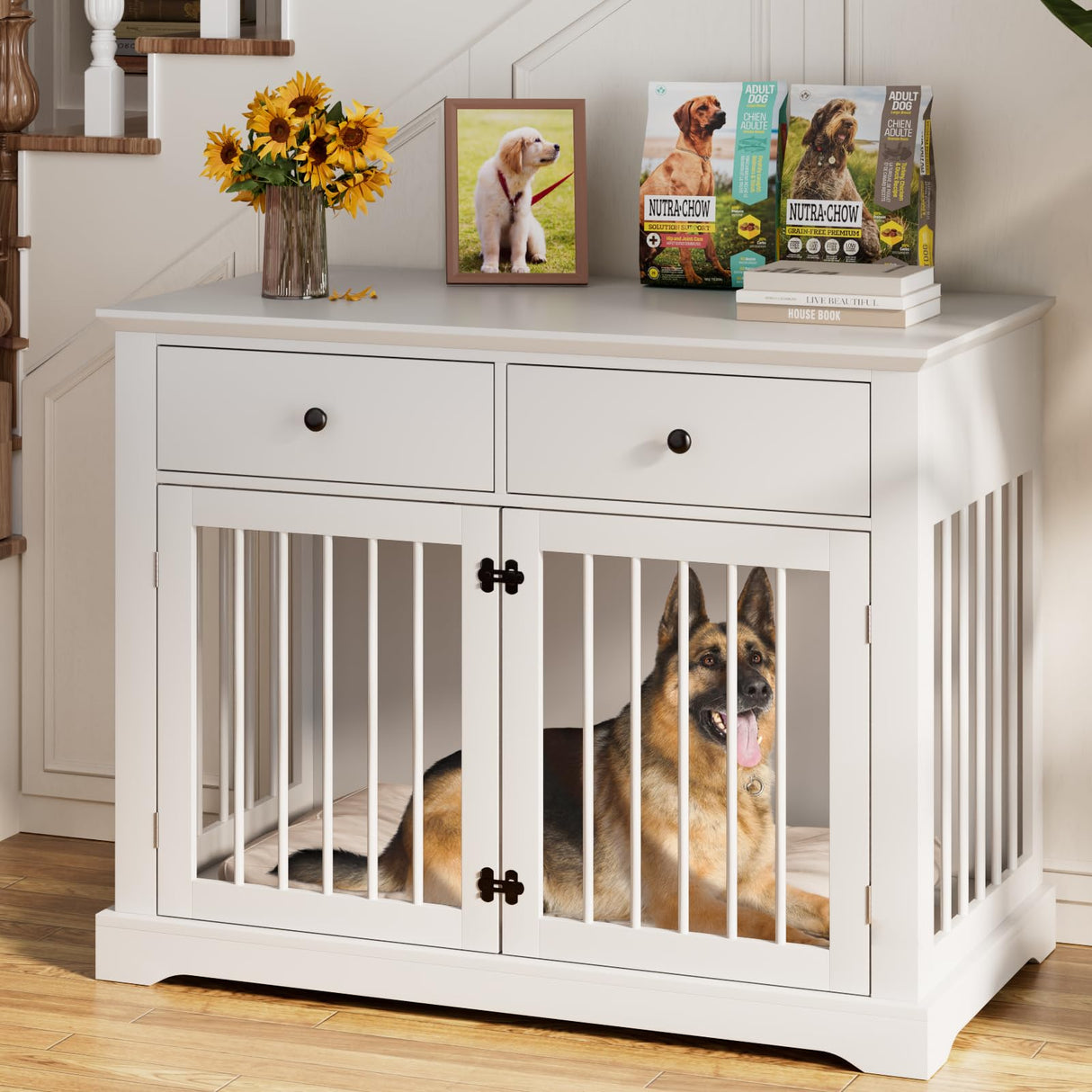 44" Large Dog Crate Furniture with Drawers - White Wooden Kennel End Table