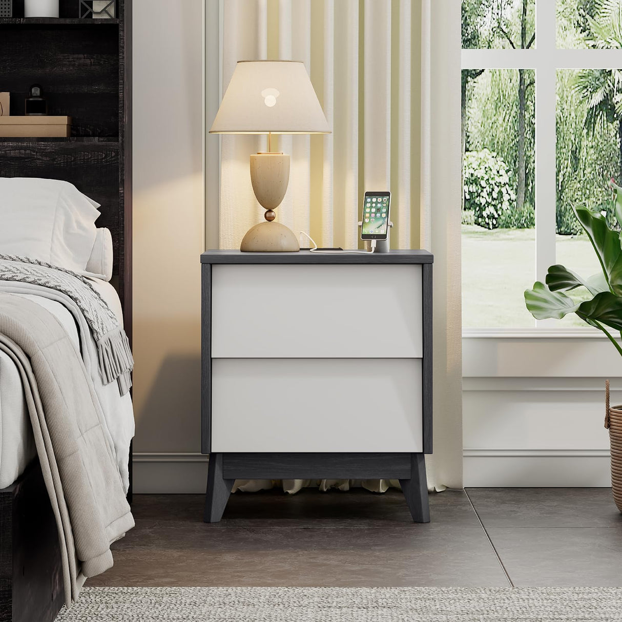 Hasbrick Casual 2 Drawer Nightstand with Wireless Charging and USB Ports,