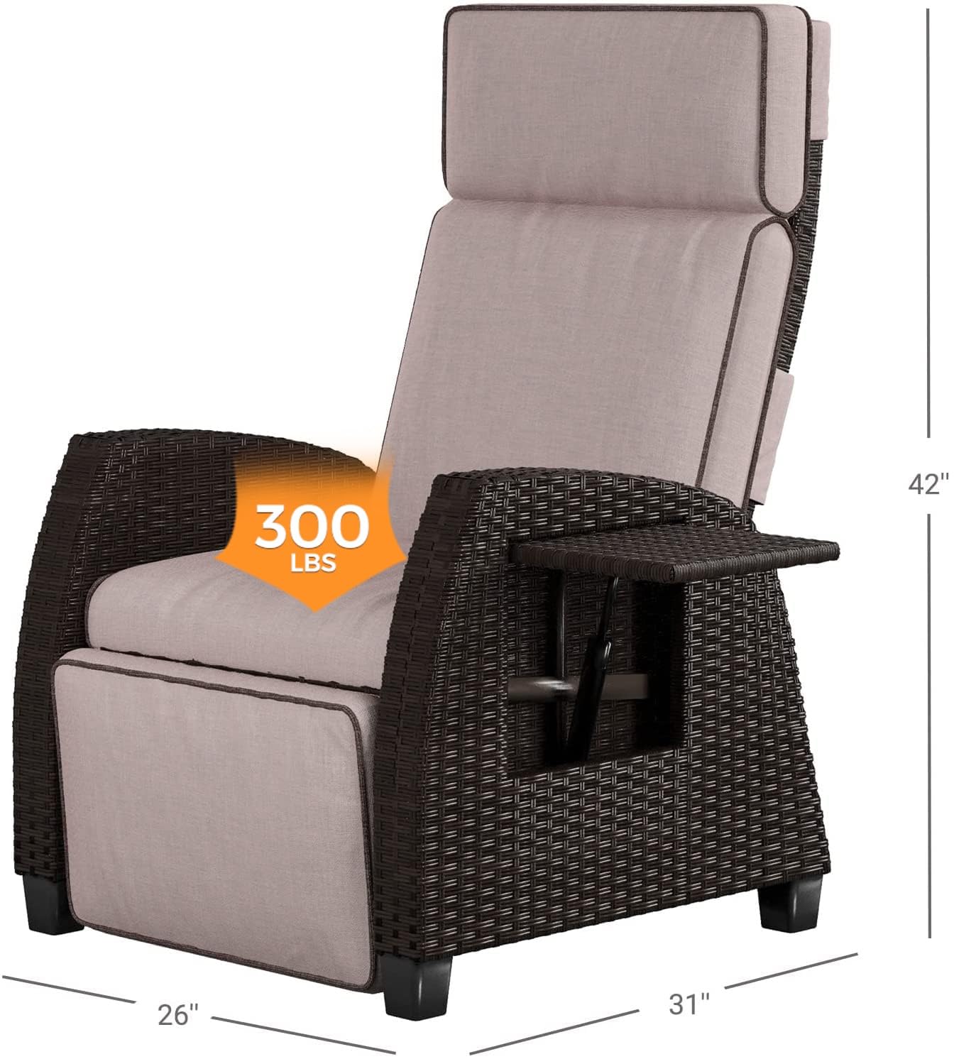 Moor Wicker Patio Recliner Chair – Built-In Table, Cushions & Linked Footrest Motion