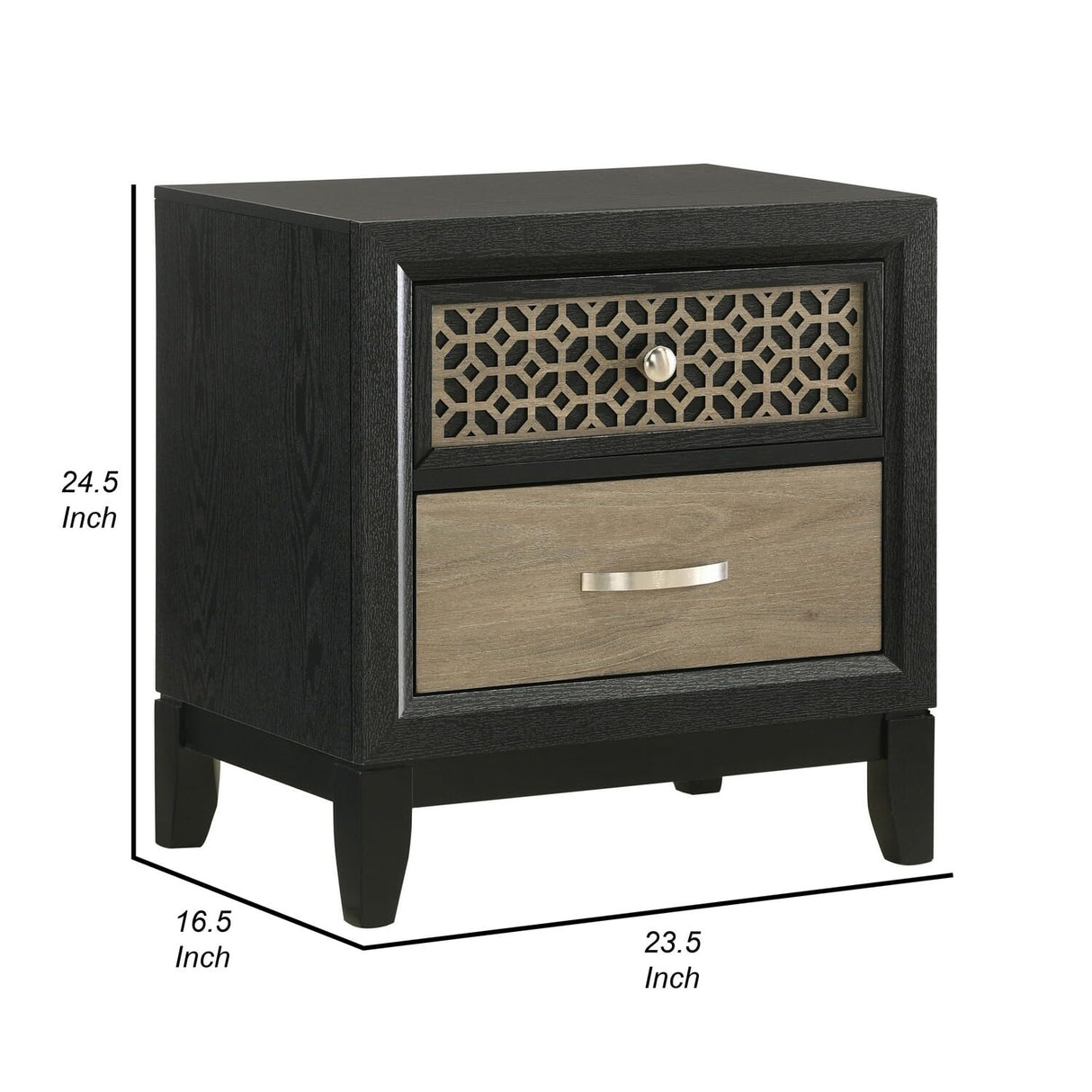 AKI 25 Inch Nightstand, 2 Drawers, Geometric Cut Out Front, Black, Brown and Silver