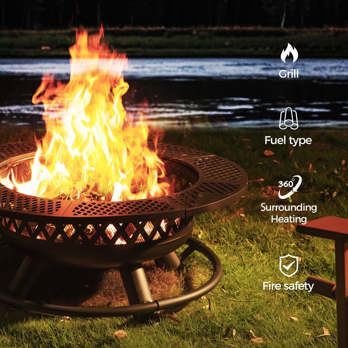 Panovue 42 Inch Outdoor Fire Pit with Grill, Large Firepit Table for Outside, Metal Round Firepits with Lid&Fire Poker,3 in 1 Wood Burning Fire Pits & Outdoor Fireplaces for Backyard,Patio(Black) - Bircata