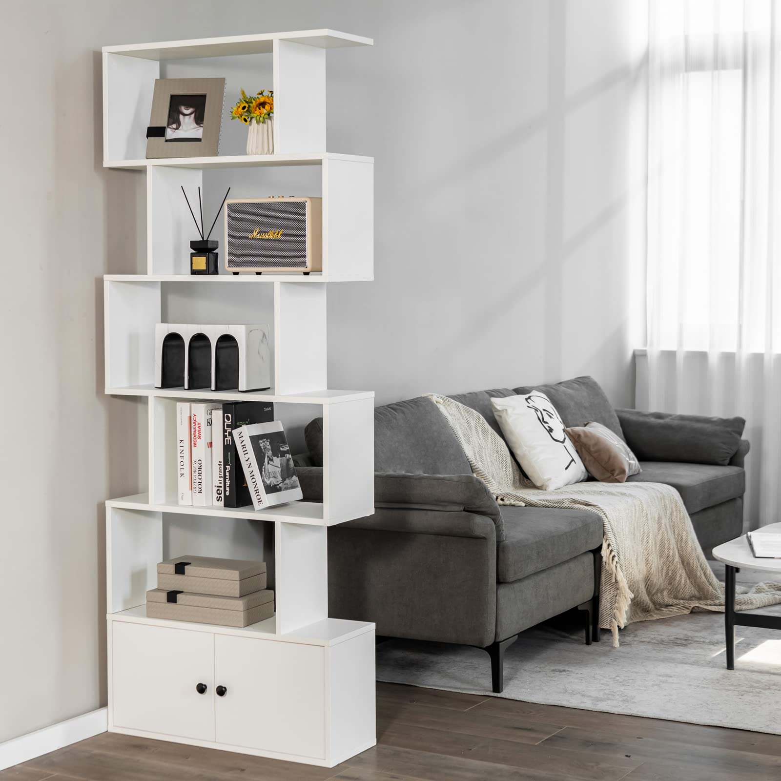 6-Tier Geometric Bookcase with Cabinet, Freestanding Display Shelves
