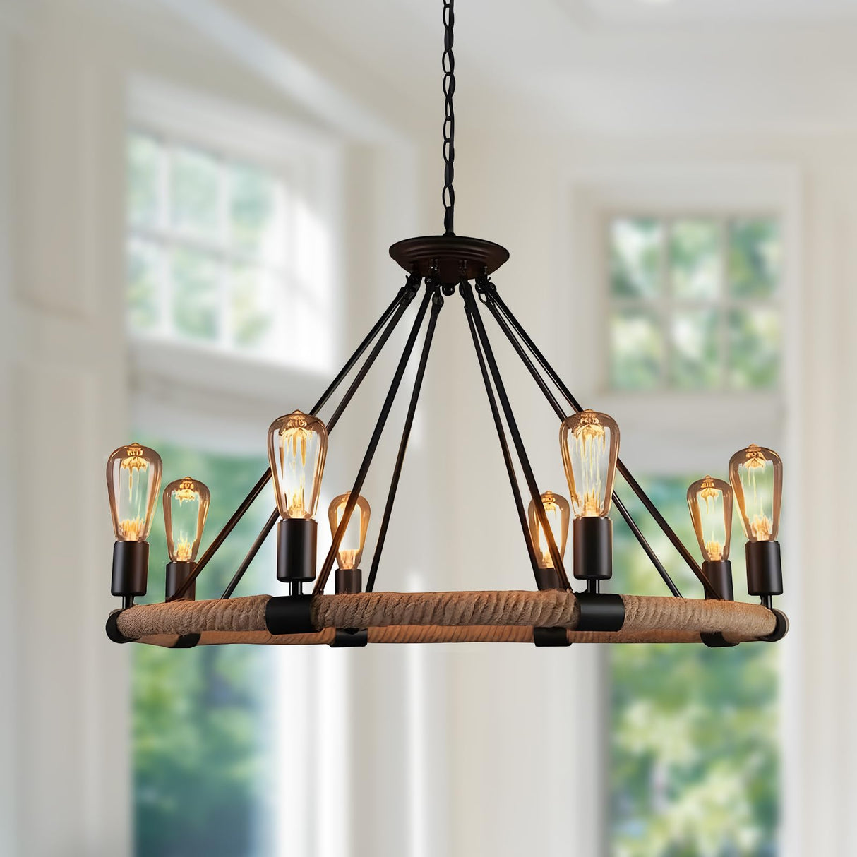 8-Light Wagon Wheel Chandelier, 83.6" Height Adjustable Hemp Rope Farmhouse Chandelier