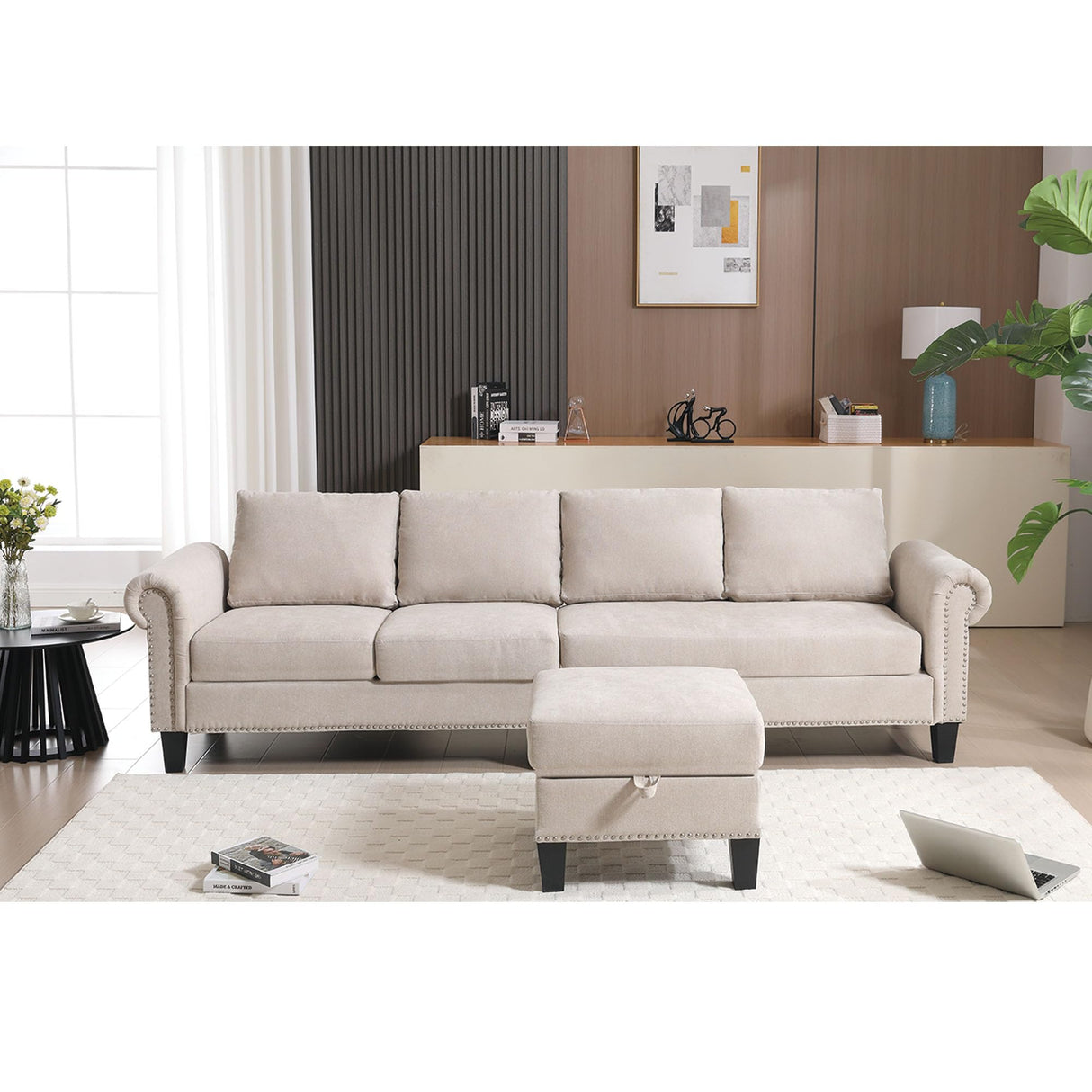Oueeedd 4-Seater Convertible L-Shaped Sectional Sofa with Storage Ottoman