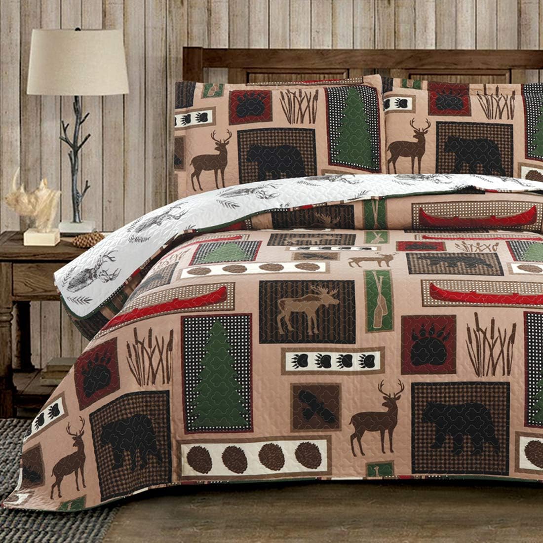 Home Rustic Bedding Lodge Moose Bear Quilt Set Full/Queen Size,3 Pcs Lightweight