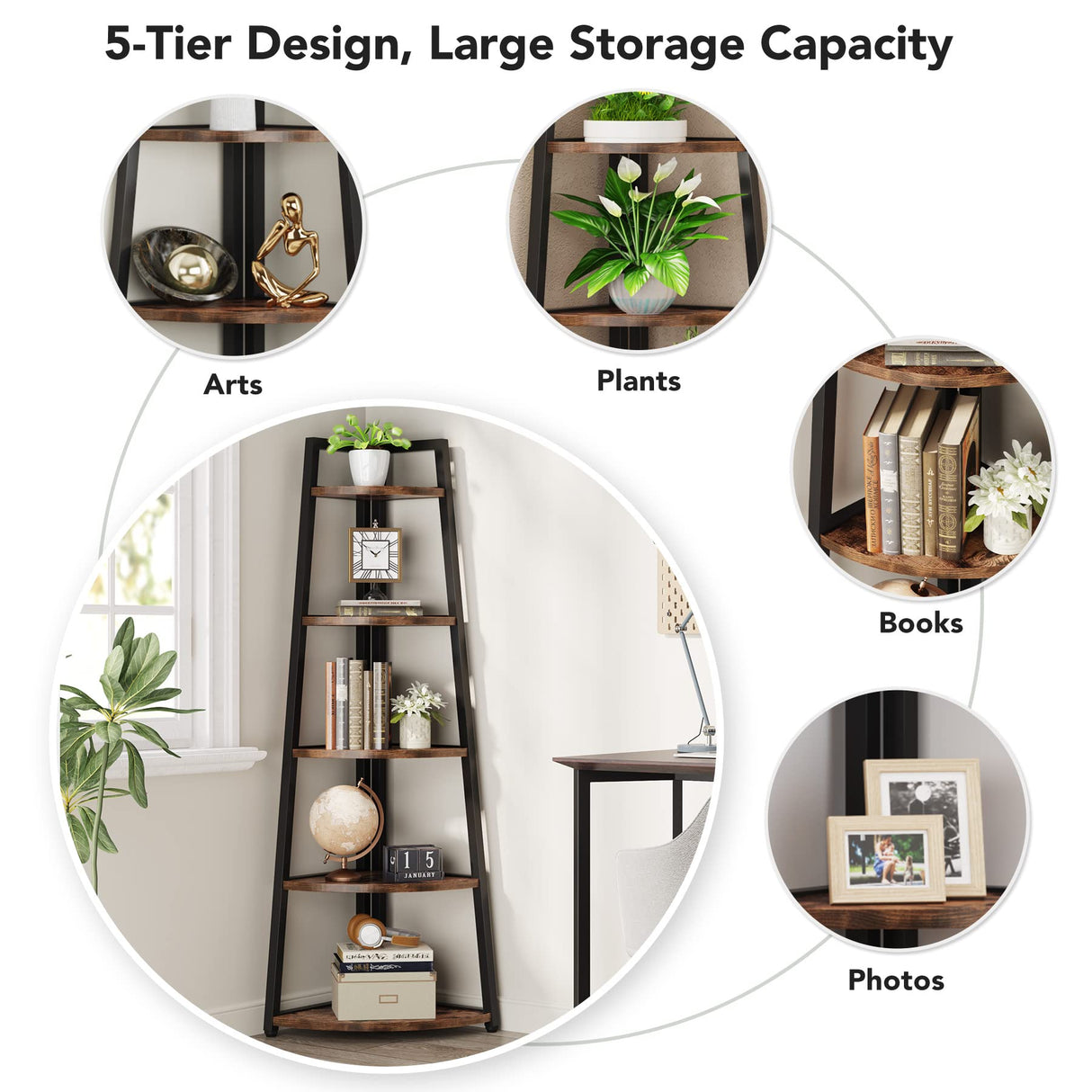 70 inch Tall Corner Shelf, 5 Tier Rustic Corner Bookshelf Bookcase Industrial Corner Ladder Shelf Plant Stand for Living Room, Kitchen, Home Office (Brown)