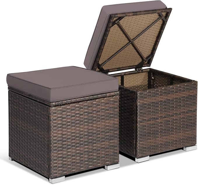 2-Pieces Patio Ottoman Set Outdoor Wicker Stool with Storage, Rattan Footrest Ottoman