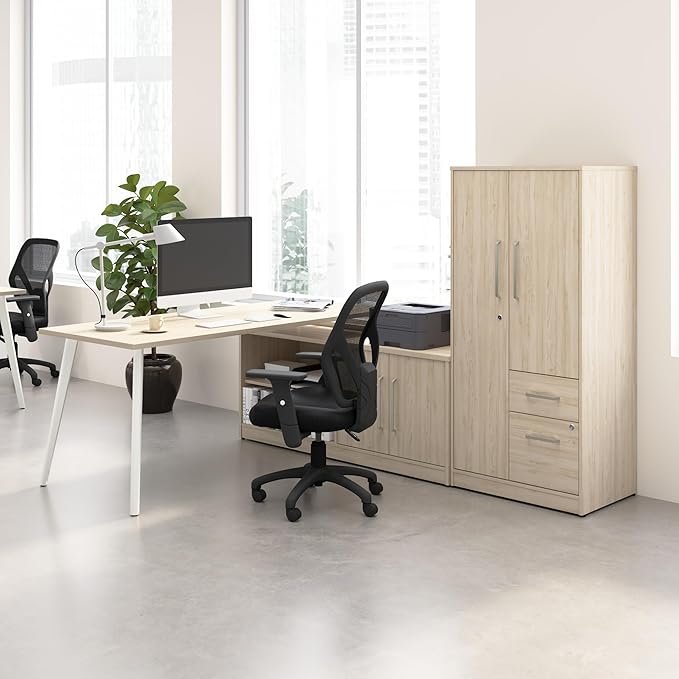 L Shaped Desk 72 inch with Credenza and Tall Storage Cabinet with Doors and Shelves