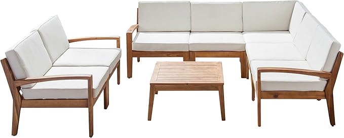 Noble House Grenada Outdoor Acacia Wood 7 Seater Sectional Sofa Set Teak/Blue