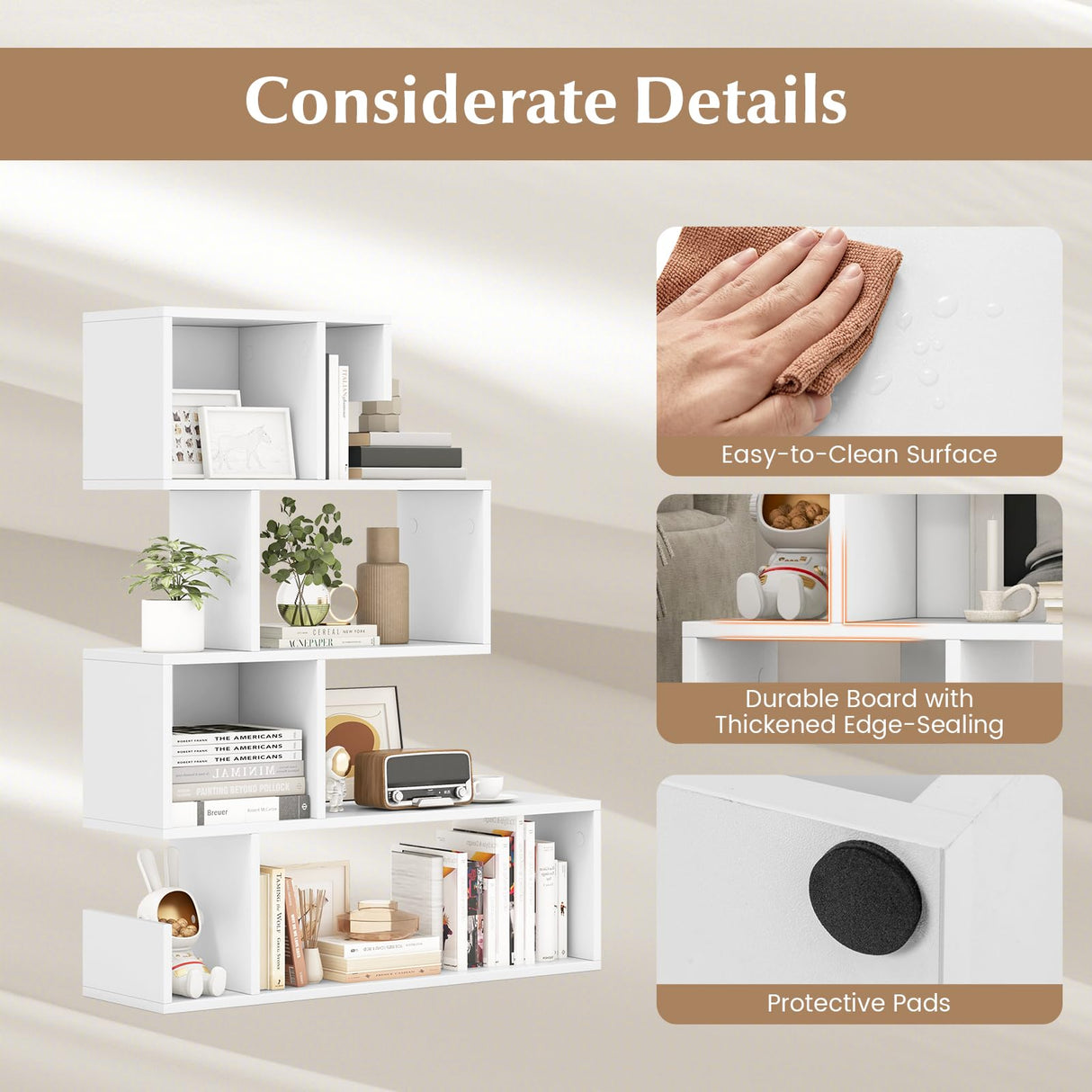 5-Tier S-Shaped Bookshelf, Geometric Bookcase w/Open Cubes, Modern Decorative Display Shelf w/Anti-Toppling Kits, Freestanding Storage Rack for Living Room, Study, Home, Office, White