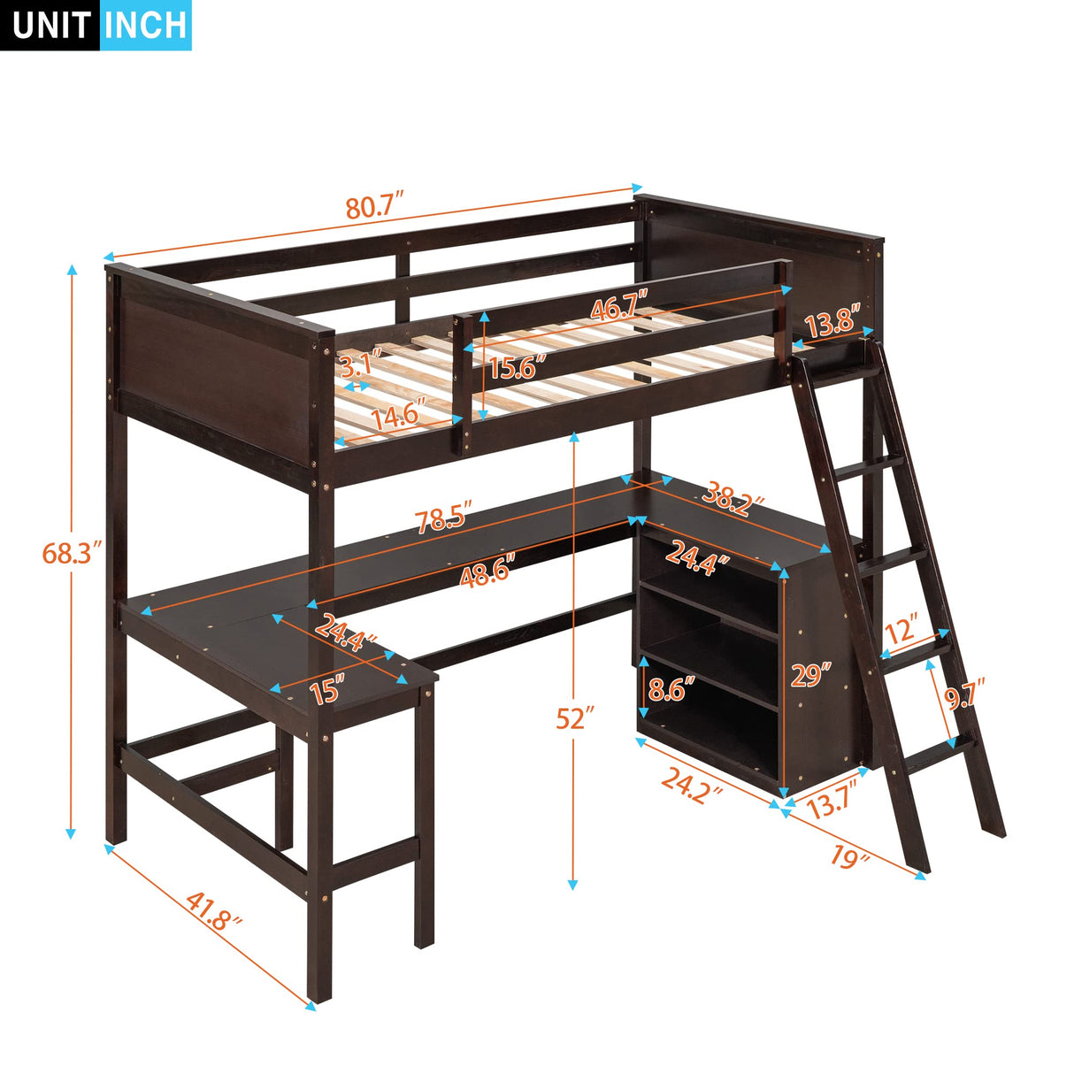 Twin Size, Wood Twin Loft Bed with Desk and Shelves, Loft Bed Twin for Teens and Adults,