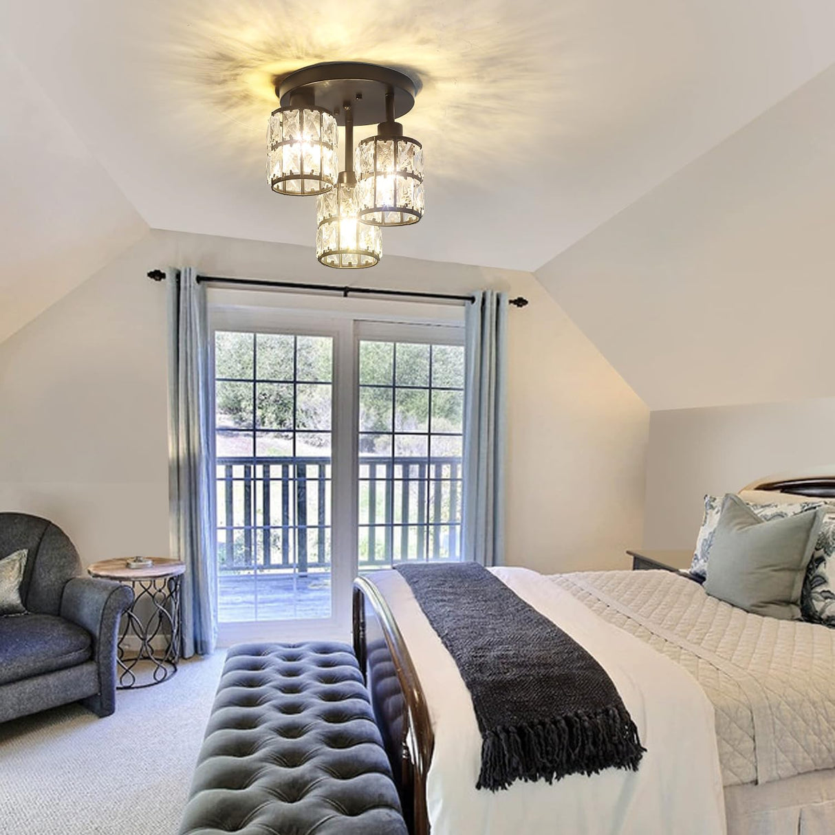 Semi Flush Mount Ceiling Light, 3-Light Close to Ceiling Light Fixture Black Small Crystal