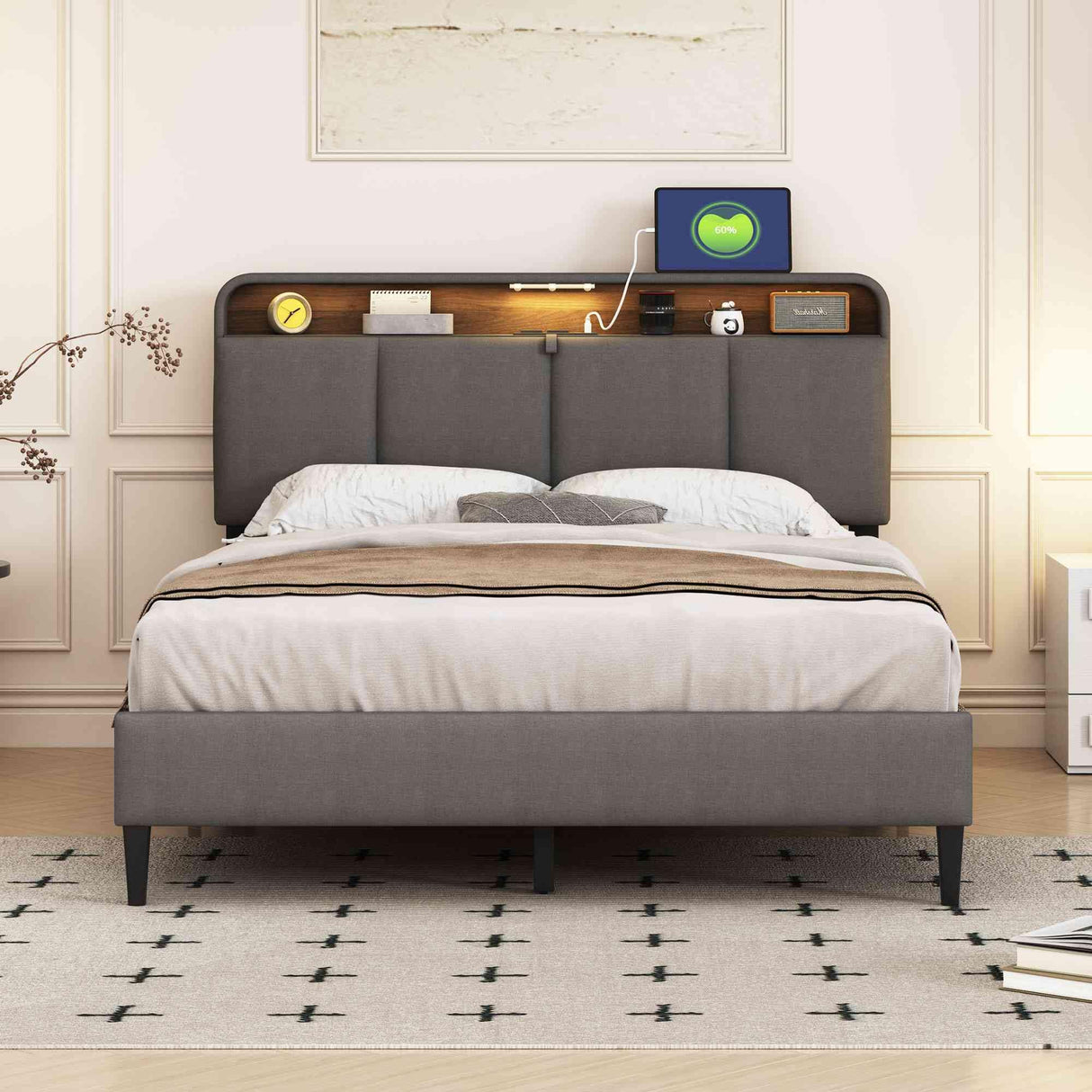 Upholstered Full Size Platform Bed with Storage Headboard and Charging Station