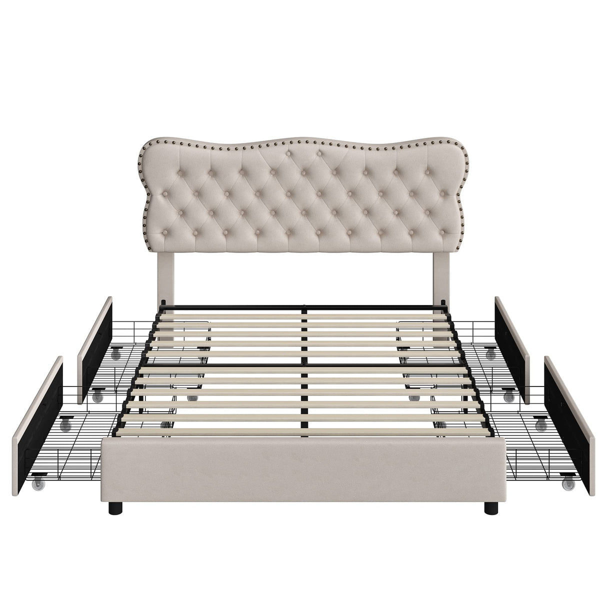Queen Bed Frame with 4 Storage Drawers, Upholstered Platform Frame