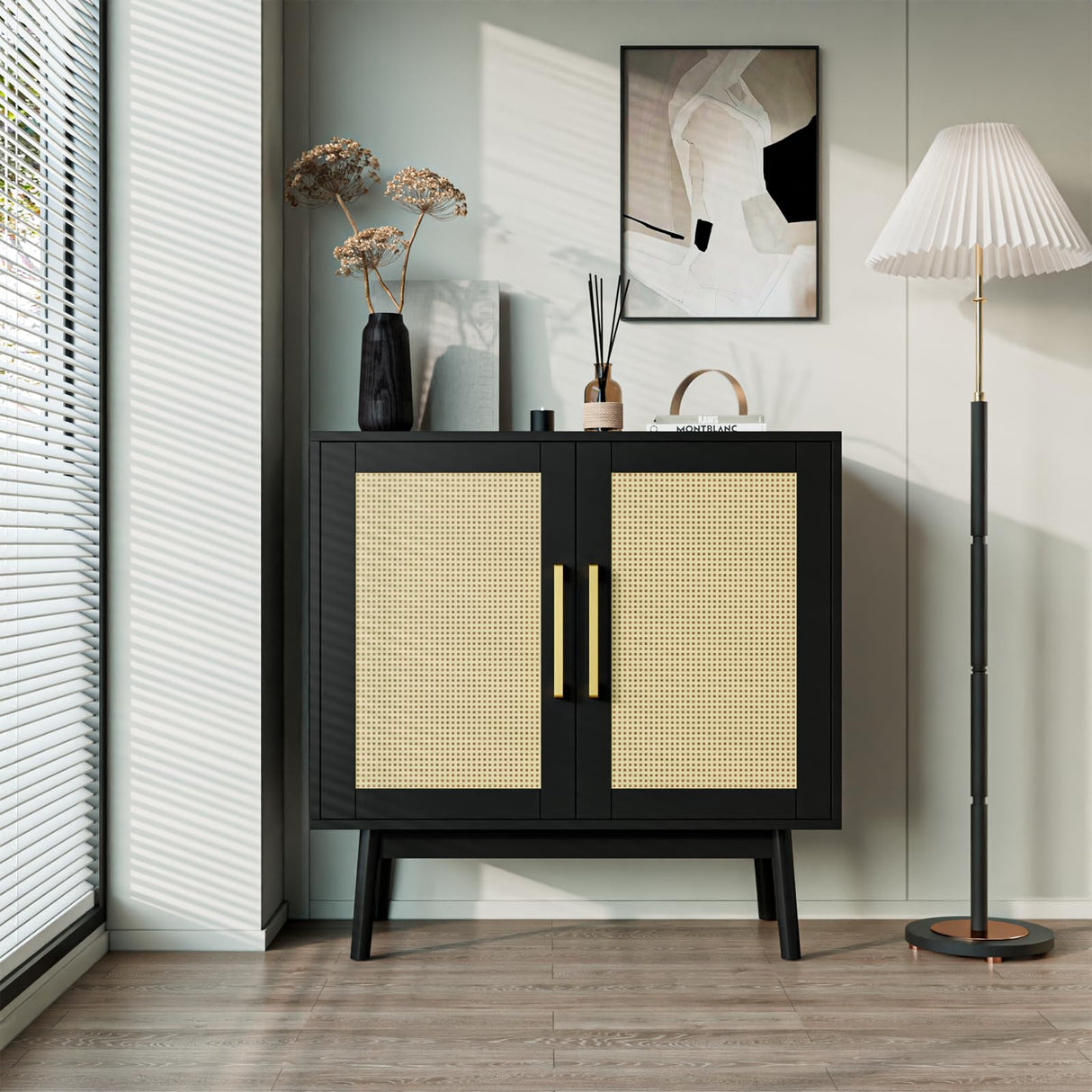 Buffet Cabinet, Rattan Cabinet, Set of 3, Storage Cabinet with 2 Doors