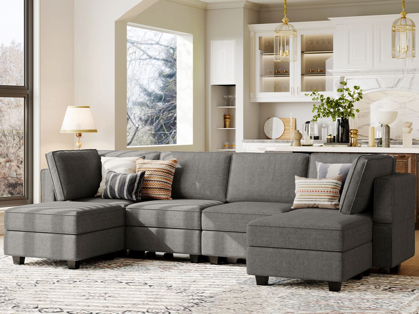Shaped Sofa Modular Couch Reversible Storage Ottoman 6 Seater Sofa