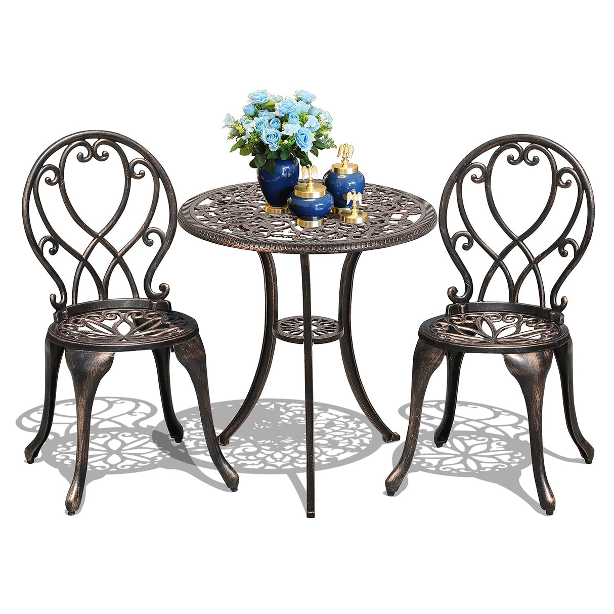 3 Piece Outdoor Bistro Set, All Weather Cast Aluminum Patio Dining Retro Table and Chairs