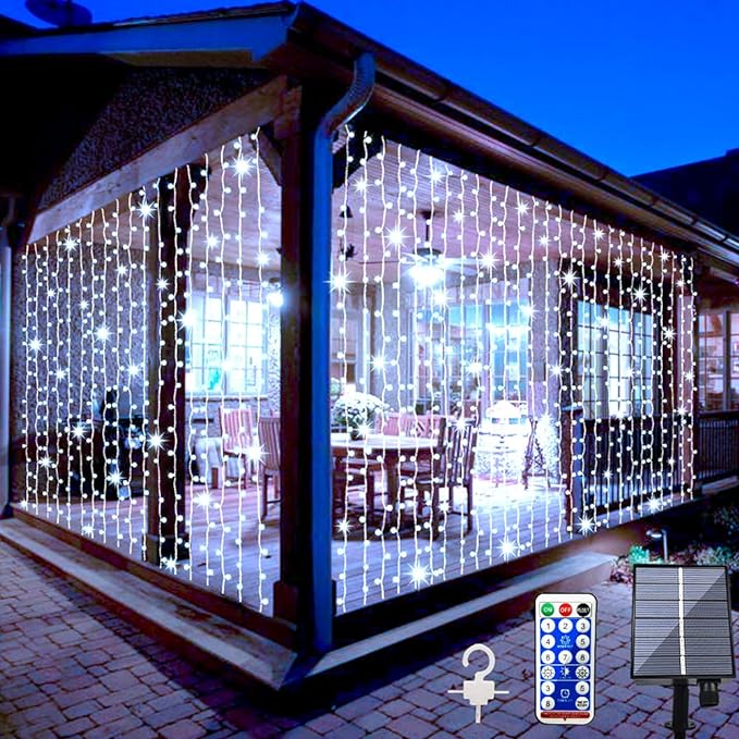 Upgraded Solar Curtain Lights Outdoor Garden Fairy String Lights 300 LED