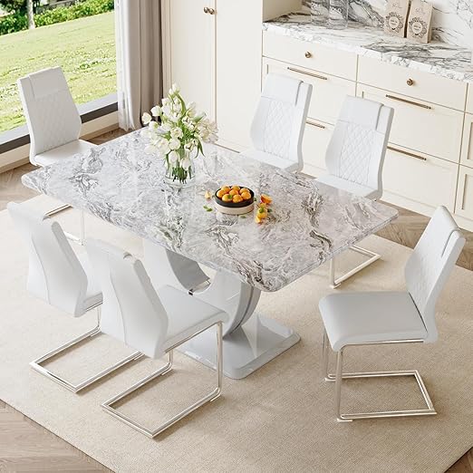 Modern 7-Piece Dining Set - 63" Faux Marble Table with 6 Upholstered Chairs