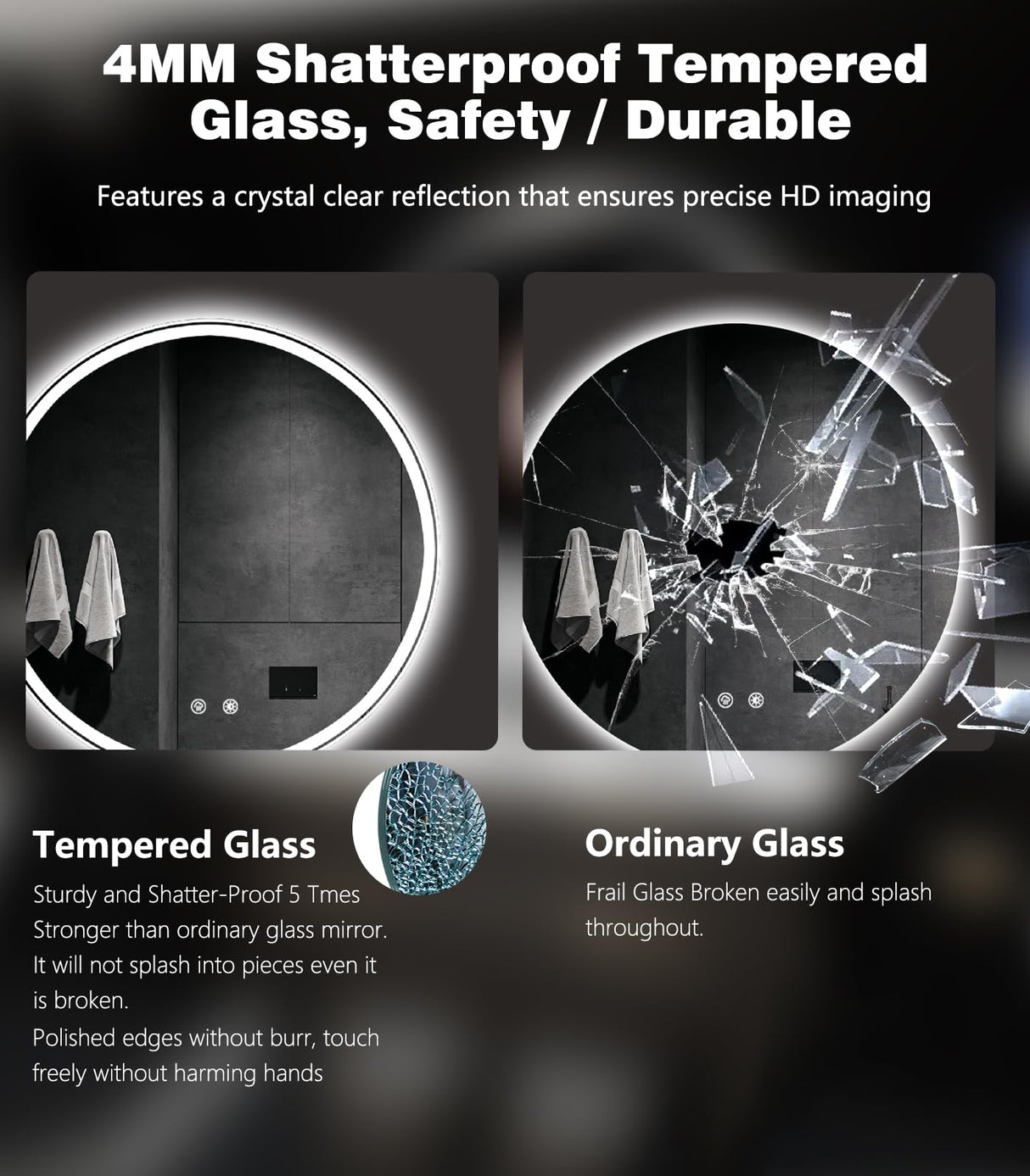 36 Inch Round LED Bathroom Mirror - Dimmable with 3 Color Modes & Anti-Fog