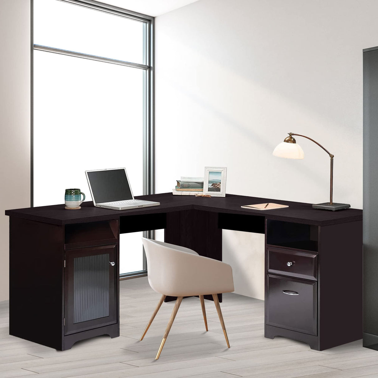 L-Shaped Desk, Home Office Corner Computer Desk with Storage Cabinet