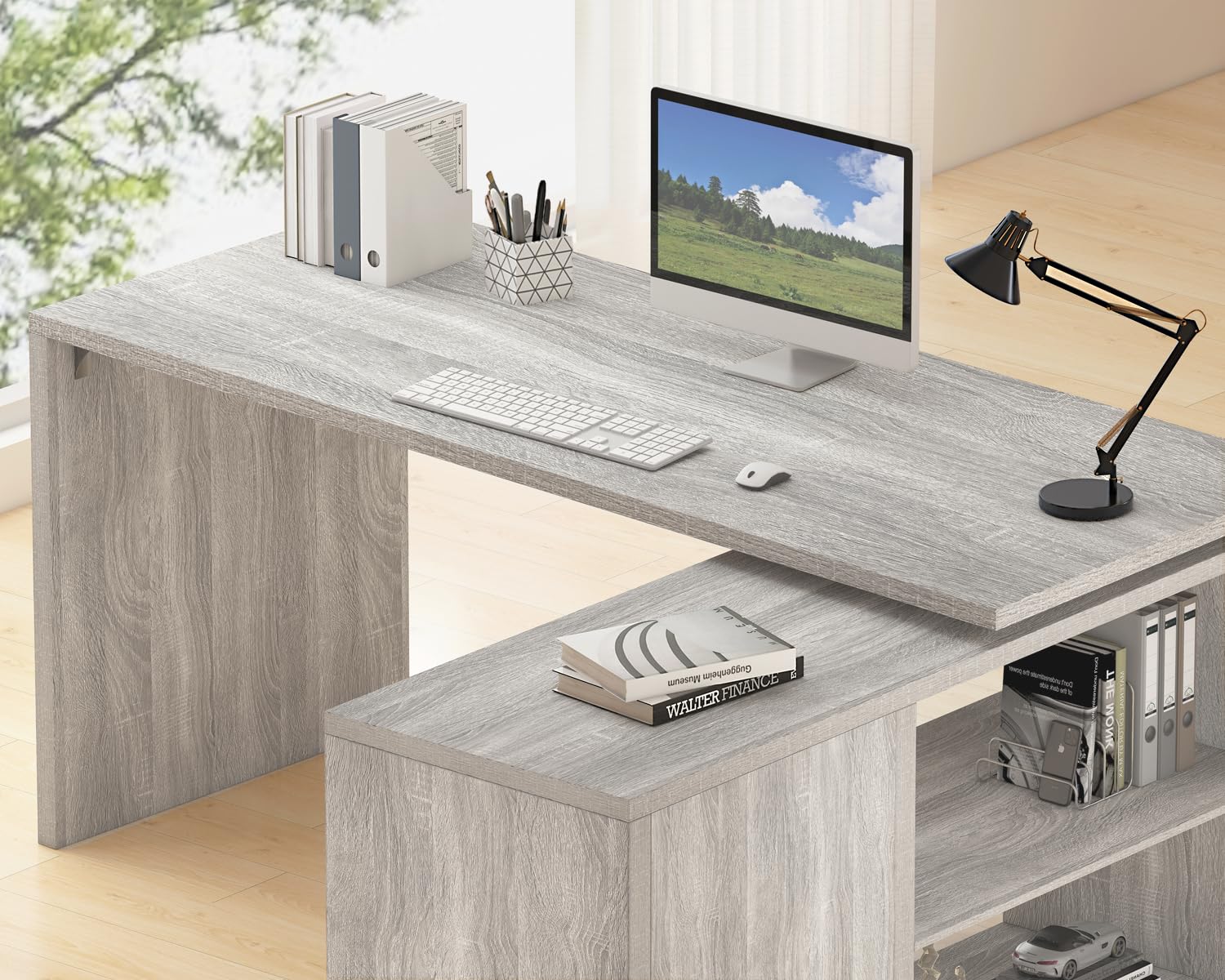 Gray L Shaped Corner Desk with Storage Shelves, Reversible L Shape Computer Desk
