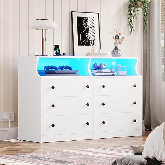 LED Dresser for Bedroom, 6 Drawer Double Dresser