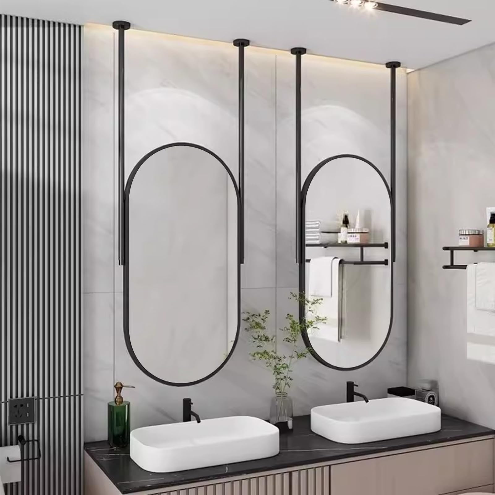 Oval Ceiling Mounted Mirror with Black Metal Frame, Wall Floating Makeup Vanity Mirrors