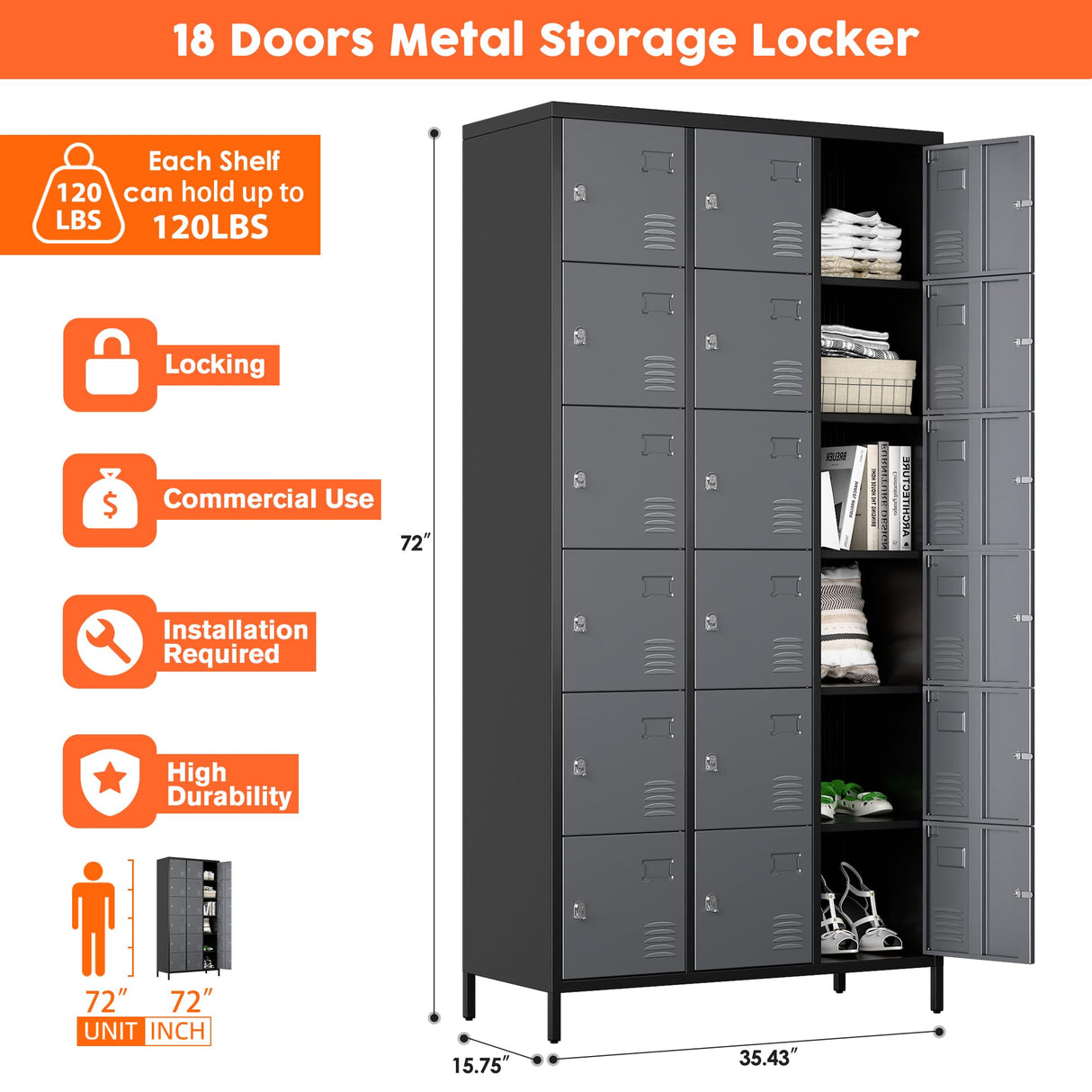 Metal Locker for School Office Gym Bedroom, 18 Doors Steel Storage Lockers Cabinet