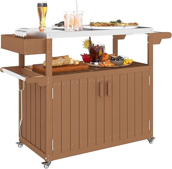 Outdoor Bar Cart with Storage Cabinet, Stainless Steel Top Kitchen Island on Wheels