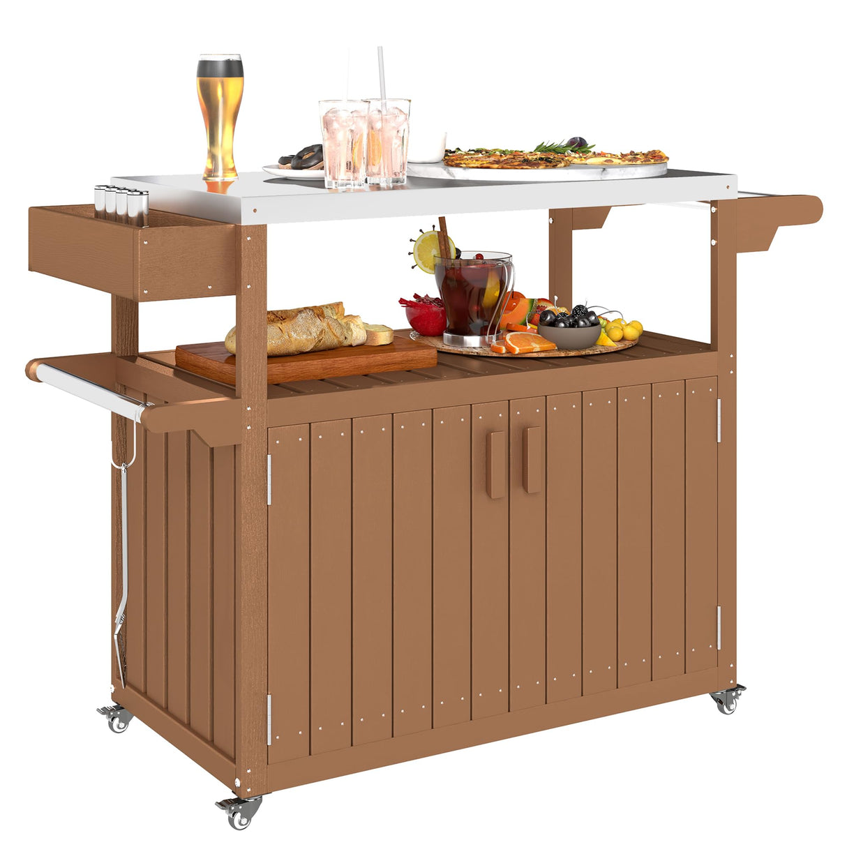 Outdoor Bar Cart with Storage Cabinet, Stainless Steel Top Kitchen Island on Wheels