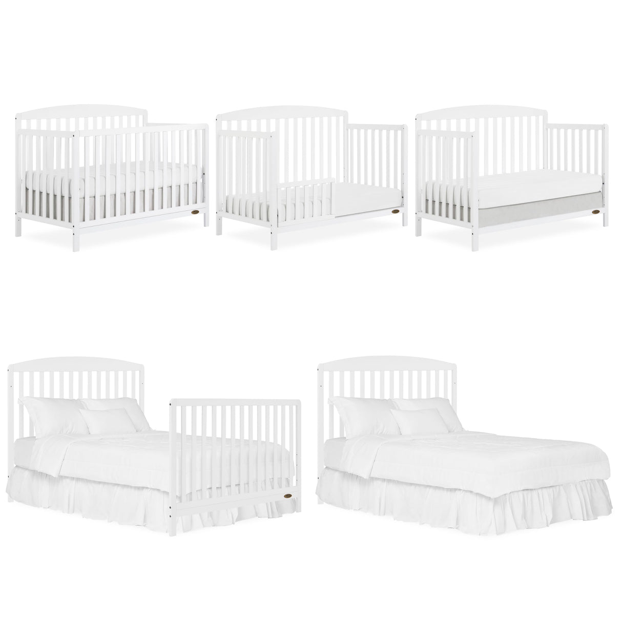 JPMA & Greenguard Gold Certified Odelle 5 in 1 Convertible Crib in White, Built of Sustainable Pinewood, 3 Mattress Height Settings, Non-Toxic Water-Based Paint Finish