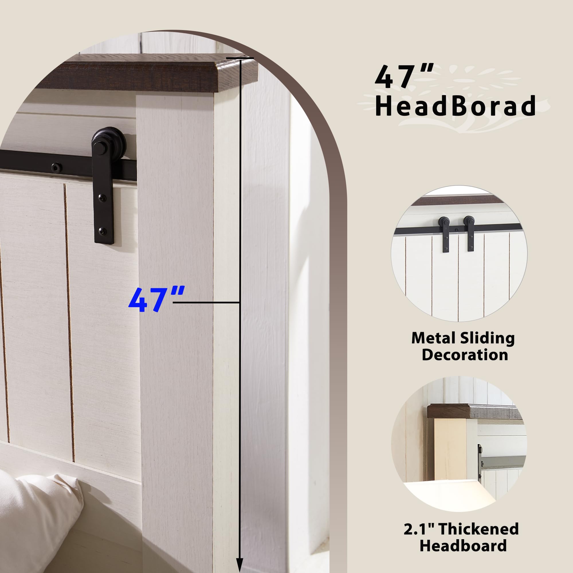 IFGET Farmhouse King Size Bed Frame with 47" Headboard, Wood Bed Frame with Groove Sliding Barn Door Footboard, Platform Bed with Wood Slats Support, No Box Spring Needed (White)