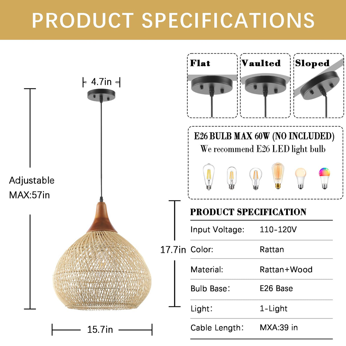 Karjearl Rattan Pendant Light, 15.7" Rattan Chandelier Hand-Woven Boho Pendant Light Fixtures with Solid Wood, Basket Wicker Chandelier for Dining Room Kitchen Island Living Room