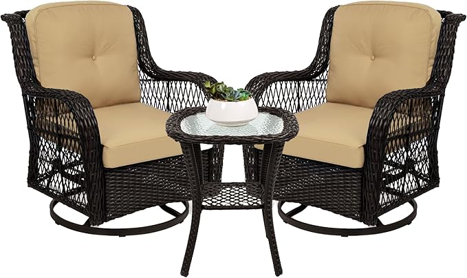 3-Piece Outdoor Wicker Patio Bistro Set w/ 2 360-Degree Swivel Rocking