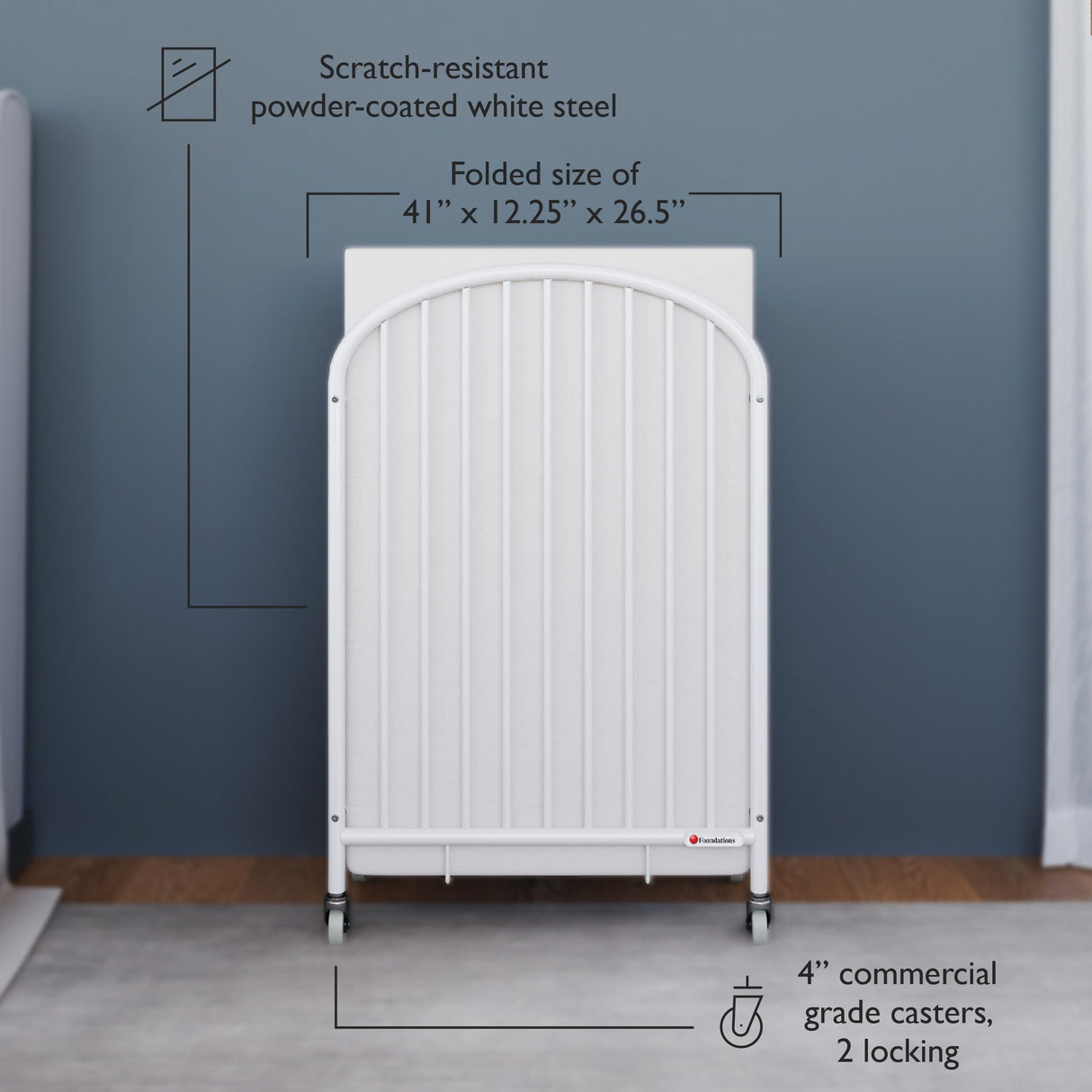 Pinnacle Steel Folding Crib, Portable Baby Crib with 4" InfaPure Foam Mattress and Oversized Commercial Grade Casters, Perfect for Hotels, Durable Construction (White)