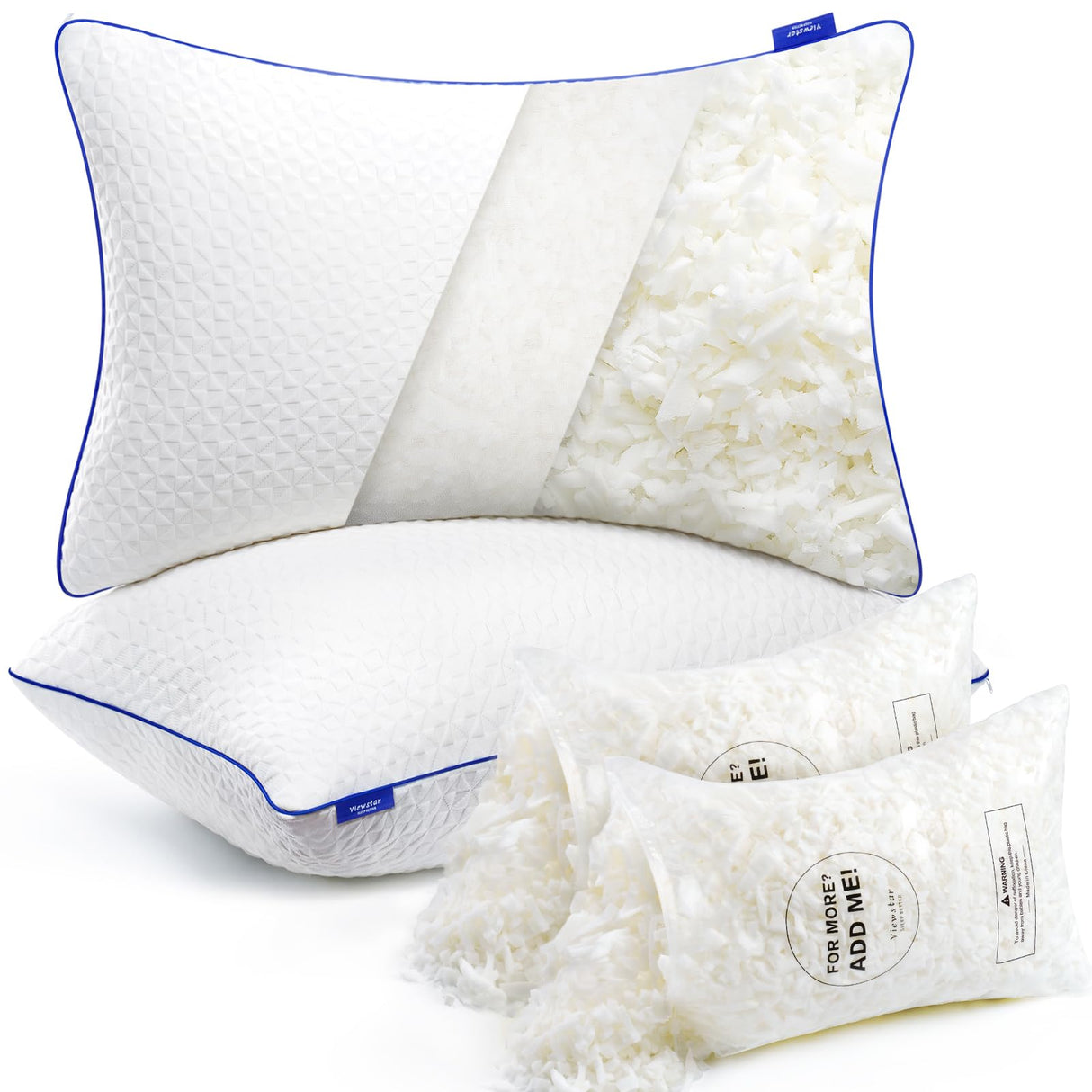 Foam Pillows Queen Size Set of 2, Adjustable Firm Pillows for Side Back Stomach Sleepers,
