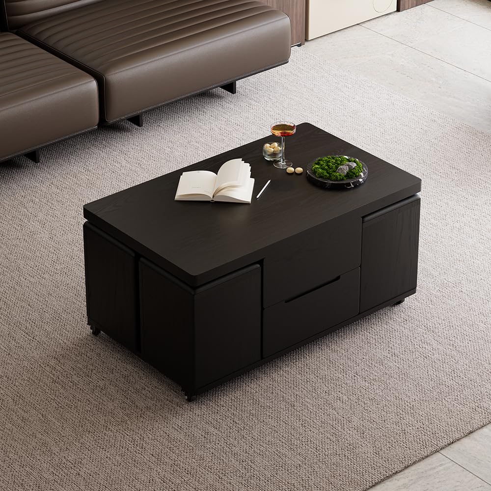 Black Lift-Top Coffee Table with Hidden Storage, 3-in-1 Modern Folding Center Table