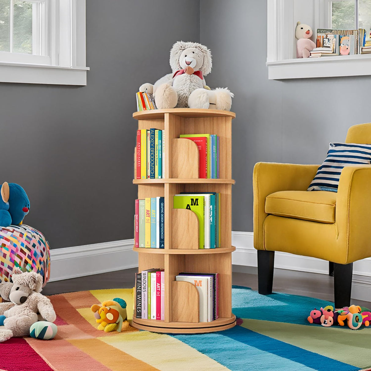 360 Display Rotating Bookshelf Tower,Rotating Bookshelf for Kids&Adults,3 Tier Rotating Stackable Shelves