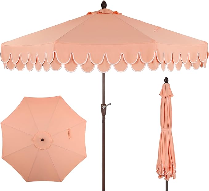 UMB1002A Tracy 9 ft. Classic MidCentury Scalloped Fringe Market Patio Umbrella