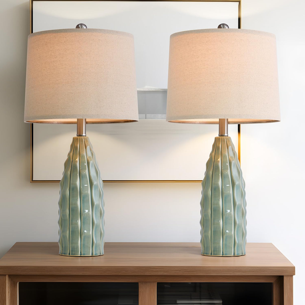 23.75" Modern Green Ceramic Lamps Set of 2 for Living Room Study Room Office Dorm