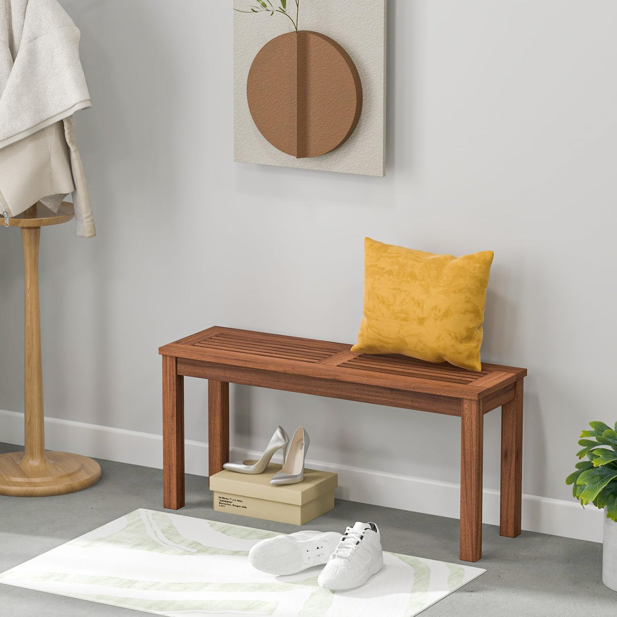 Patio Wood Bench, 2-Person Solid Wood Bench