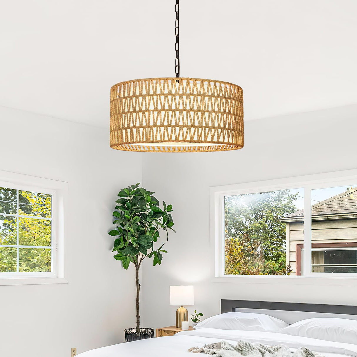 Farmhouse Chandeliers for Dining Room, Hand Woven 5-Light Rattan Pendant Light