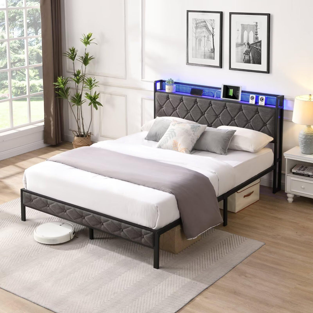 Queen Size Queen Bed Frame Metal Platform Bed Frame Storage Headboard