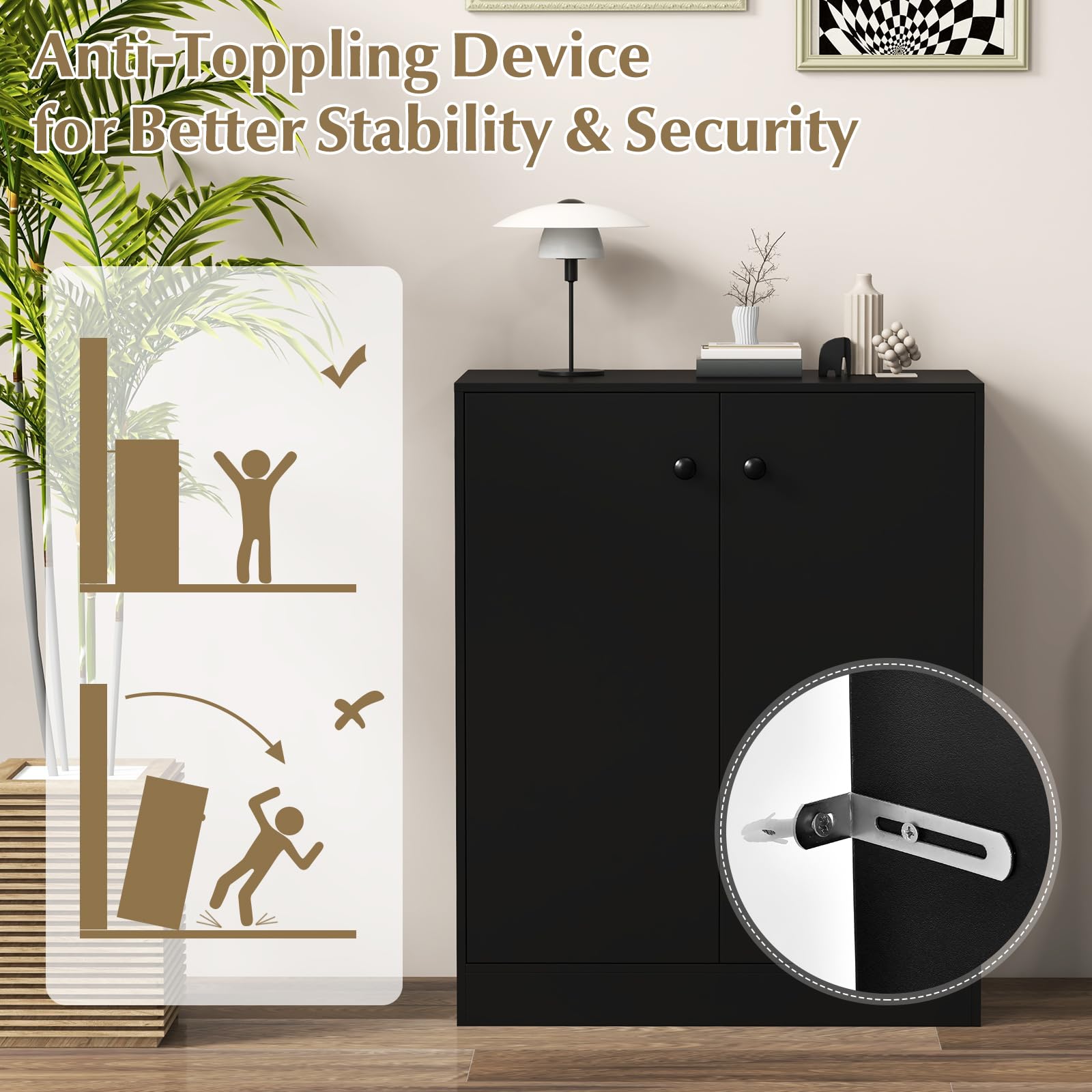 2-Door Storage Cabinet, Modern Floor Cabinet with 3-Tier Shelf