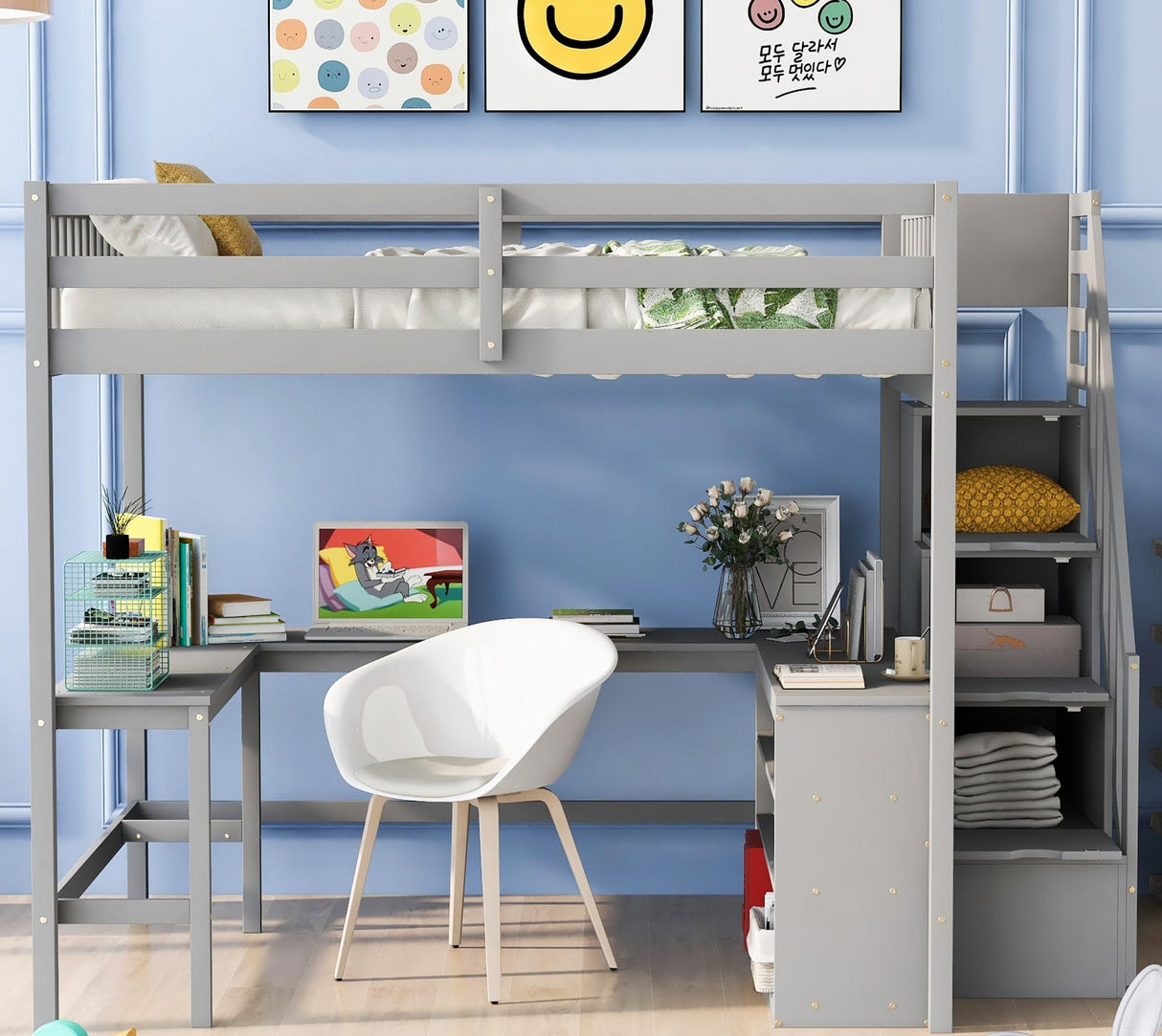 Wood Full Size Loft Bed Frame with Built-in L Shaped Desk & 3 Storage Shelves & Attached Storage Stairs for Kids